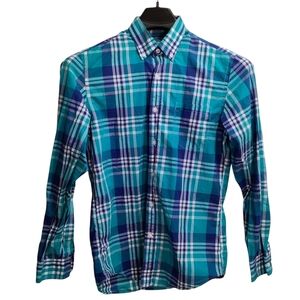 J. Crew Blue and Green Plaid Casual Tagless 100% Cotton Button Down Shirt Size S